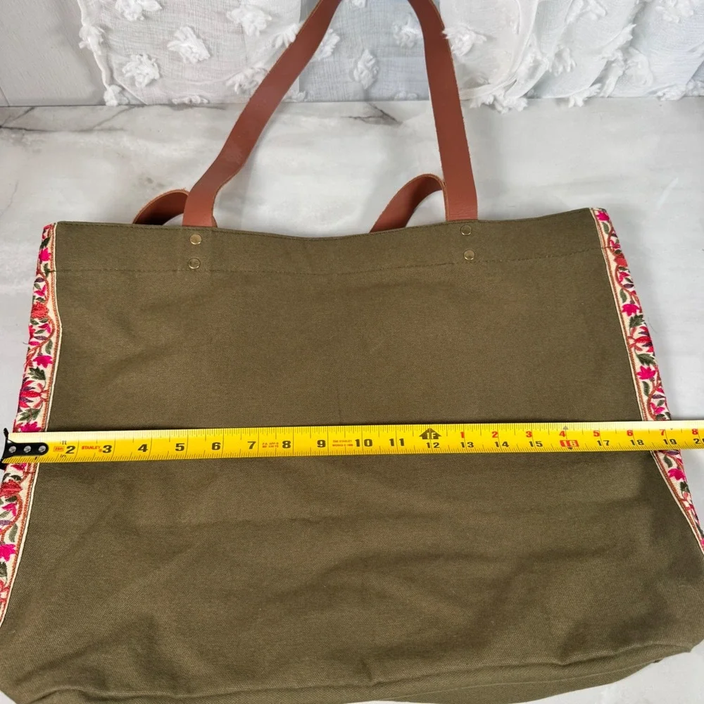 Trades of Hope Secret‎ Garden Olive Floral Embroidered Tote Bag Canvas Leather